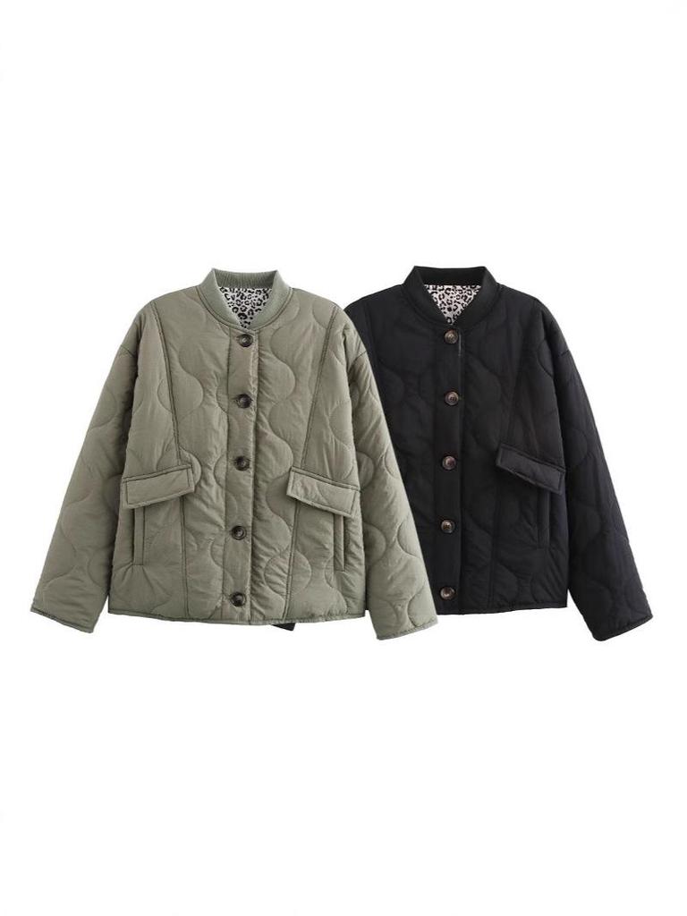 2024 Autumn/Winter Plus Size Leopard Print Cotton Jacket with Stand-Up Collar for Women - European & American Fashion.