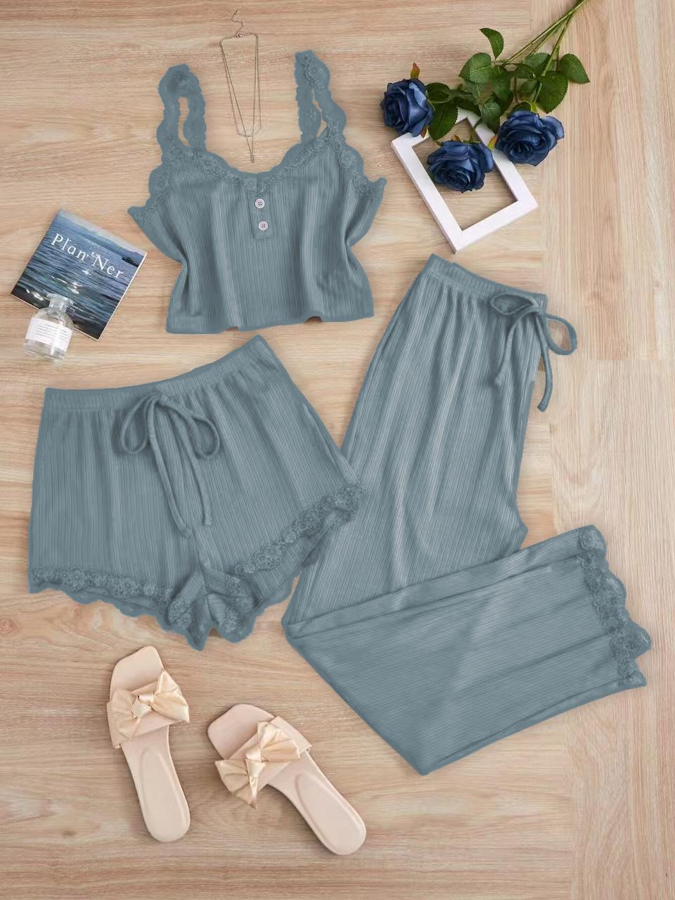 

Women’s Sexy Lace Pajama Set Three-Piece Cami Top Shorts and Long Pants Loungewear Set Floral Trim Sleepwear XL сірий колір