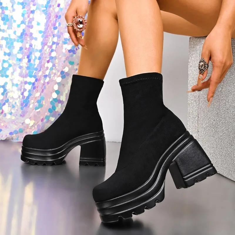 Women's Boots Square Heel 4.5cm Waterproof Platform One Kick Shoes Women Dress 10.5cm Heel High Concise New Zapatillas De Mujer