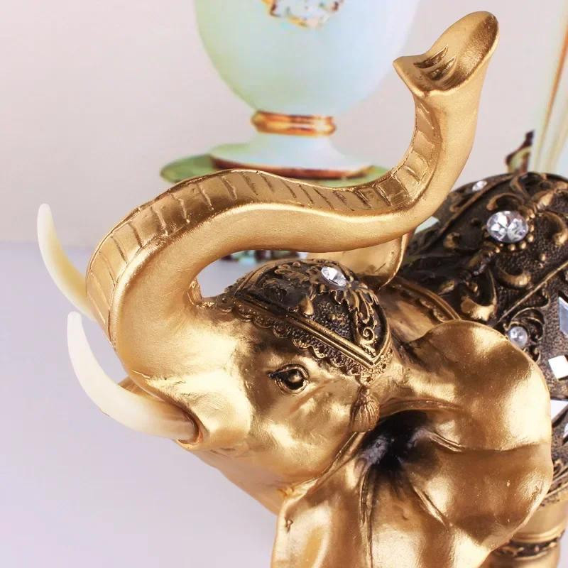 1Pcs Golden Resin Elephant Statue Feng Shui Elegant Trunk Sculpture Lucky Wealth Figurine Crafts Ornaments Home Decor