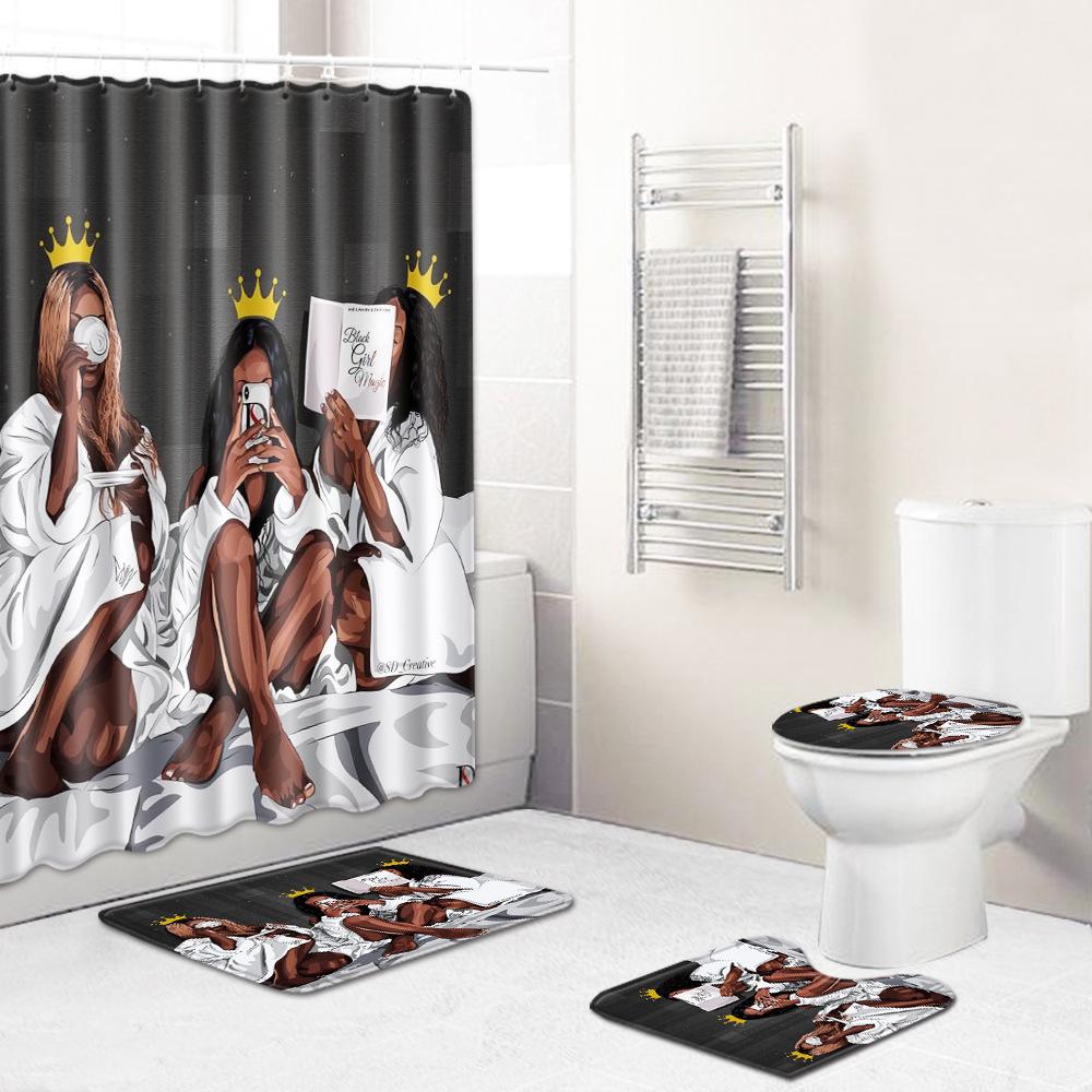 Shower Curtain Floor Mat Set African Woman E-Commerce Bathroom Carpet