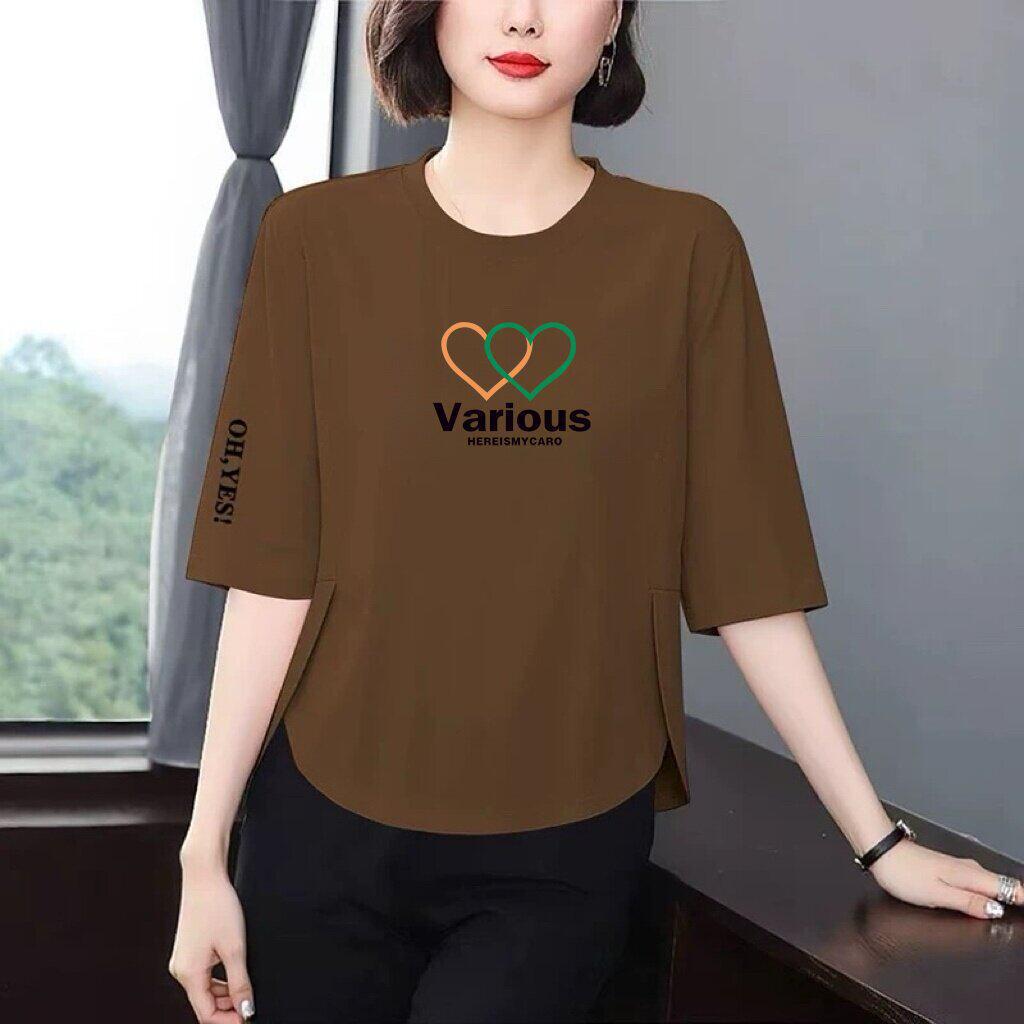 

Korean Retro Chic 3/4 Sleeve Women s T-Shirt - Love Heart Print, Slimming, Age-Defying, Versatile Summer Top 2XL