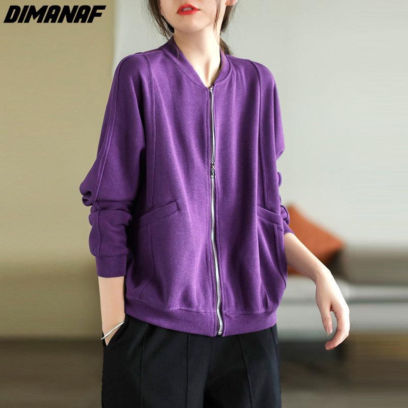DIMANAF Plus Size Women Jackets Solid Hoodies & Sweatshirts Zipper Purple Coats Loose Casual Autumn Basic Tops 2022 New