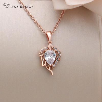 Fashion Hollow Out Leaf Pendant Necklace For Women Trendy Rose Gold Color Cubic Zirconia Jewelry Gift