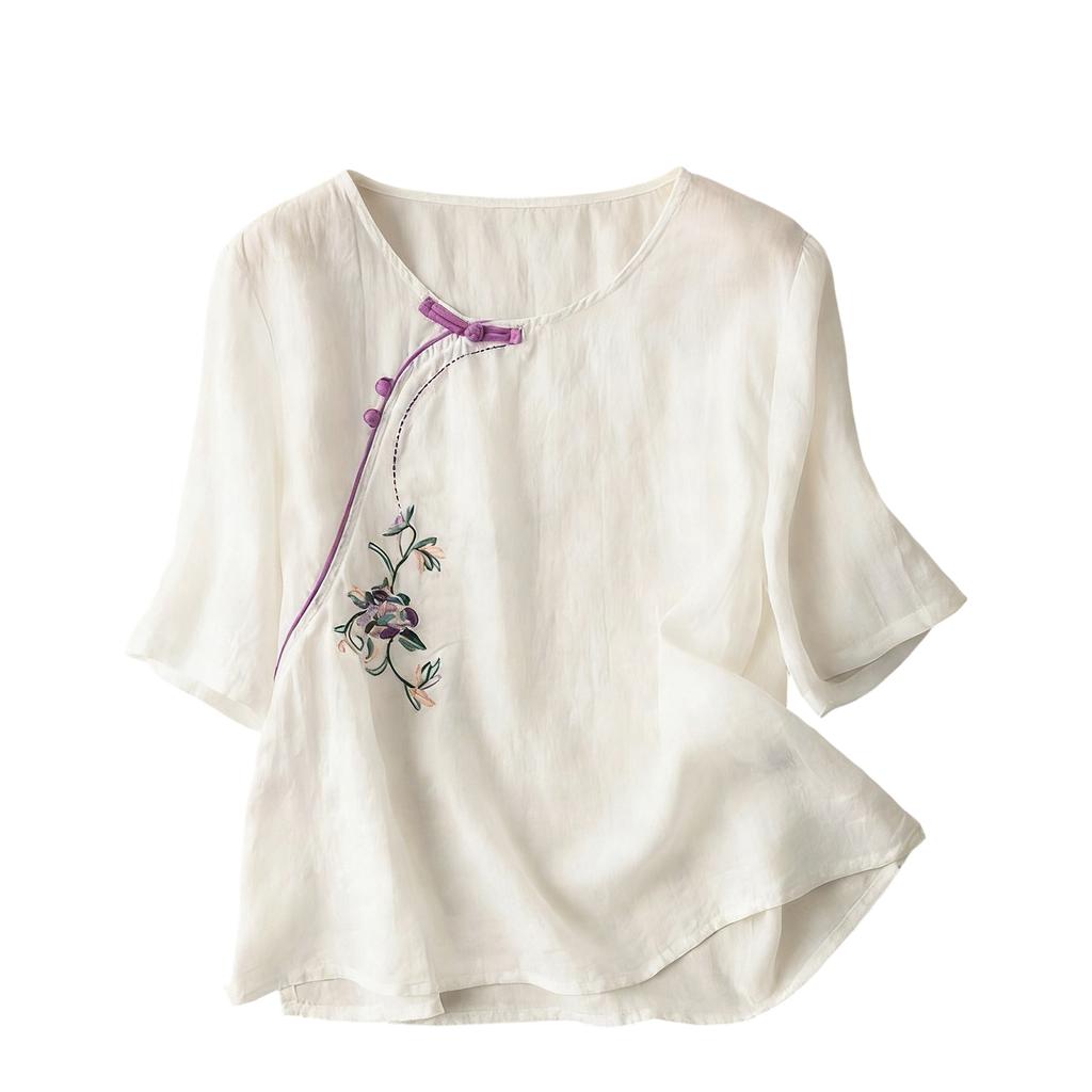 Women's Embroidered Loose Retro Linen-Cotton Short Sleeve Blouse