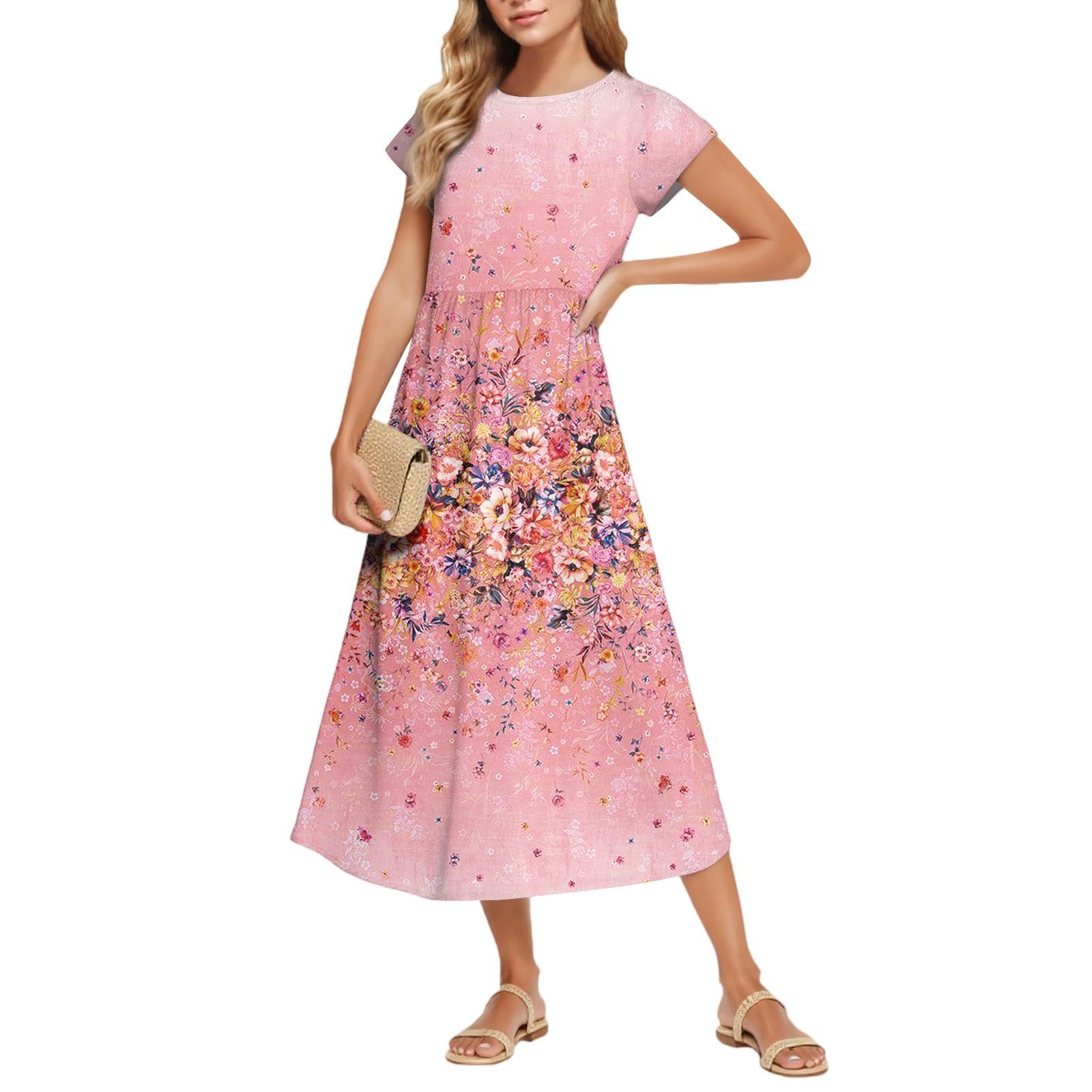 

Women s Fashion Temperament Elegant Waisted Floral Casual Dresses S рожевий