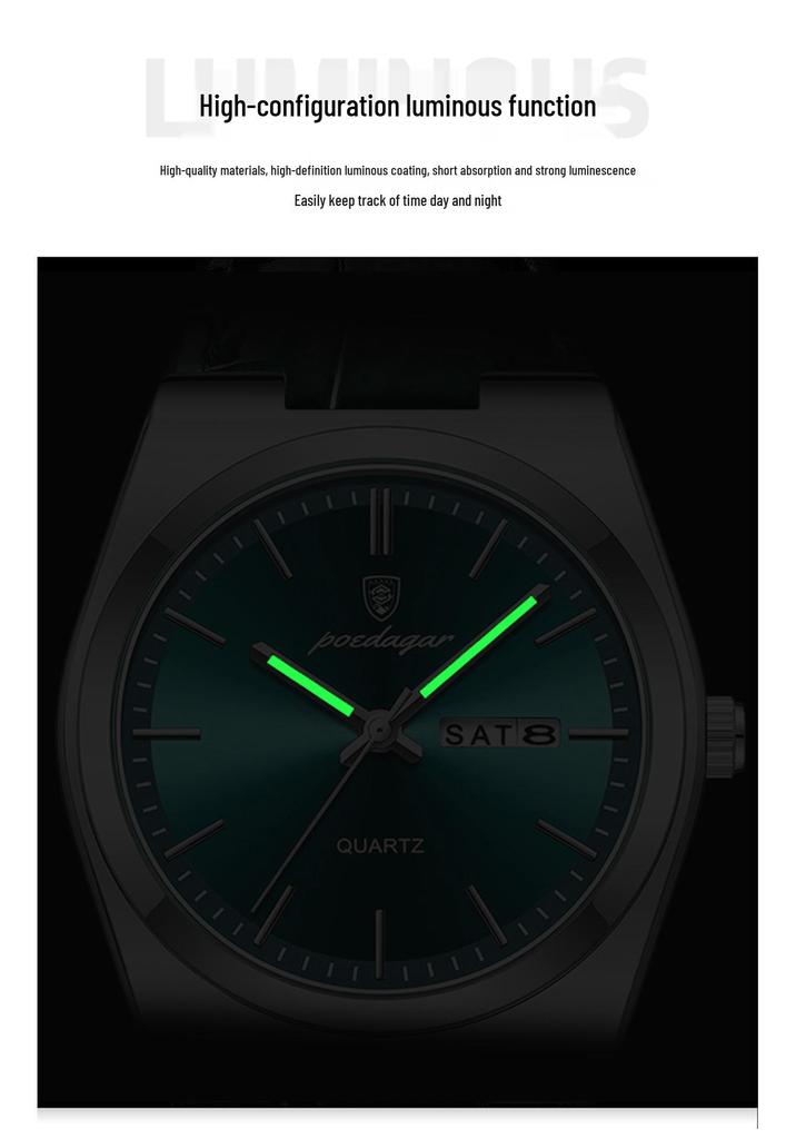 POEDAGAR Men's Ultra-Thin Dual Calendar Quartz Watch with Leather Strap - Trendy Fashion Wristwatch