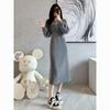Grey hooded long sweater skirt waist temperament thickened velvet casual dress women's new winter