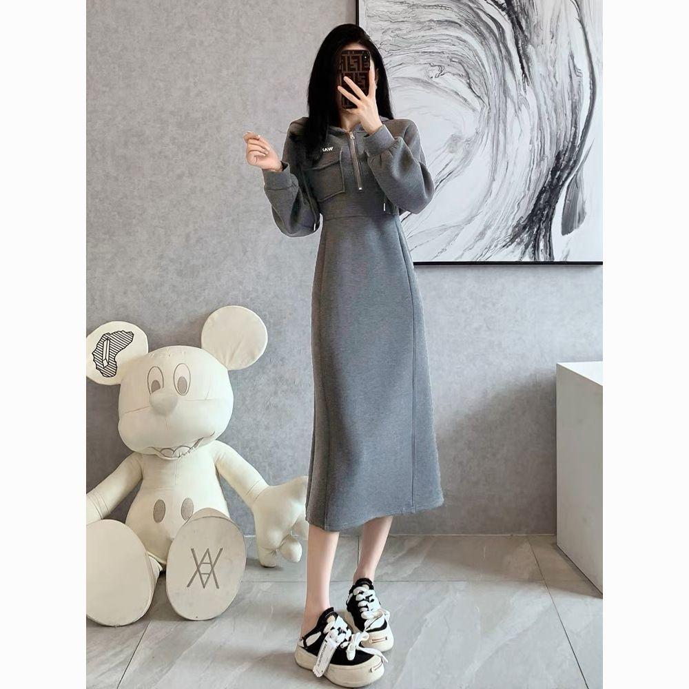 Grey hooded long sweater skirt waist temperament thickened velvet casual dress women's new winter