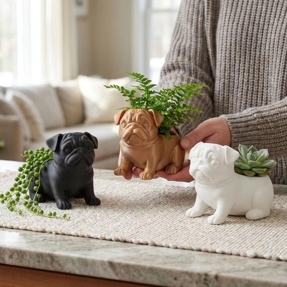 3D Printed Pug Figurine Plant Holder PLA Desktop Planter Pot Unique Handmade Planter  Office Desk