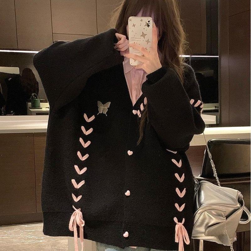 Women Love Cotton Strap Knitted Cardigan Korean Style Fashion Lady Sweaters Autumn Versatile Loose Female Sweater Coat