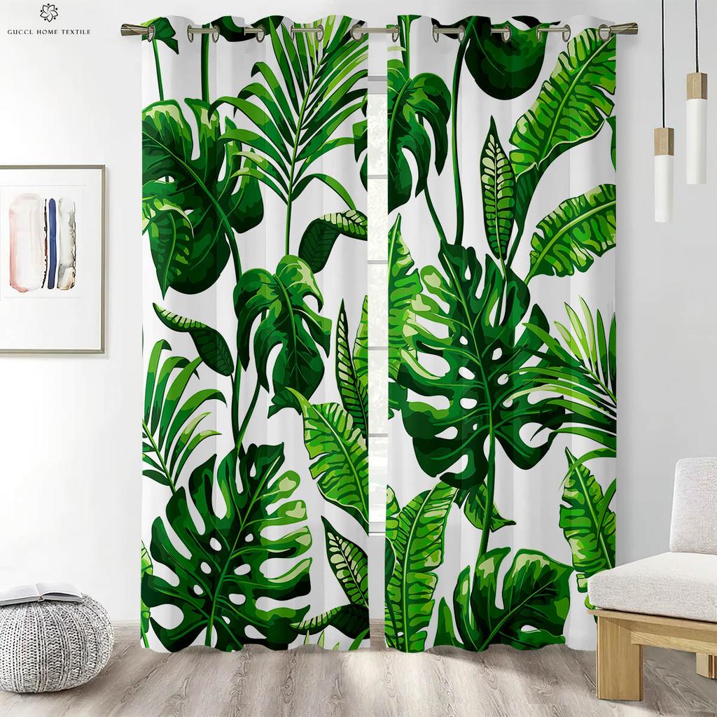 3D Printed Tropical Rainforest Leaves Curtains, Decorative Curtains, Bedroom, Living Room, Kitchen, Study, Green
