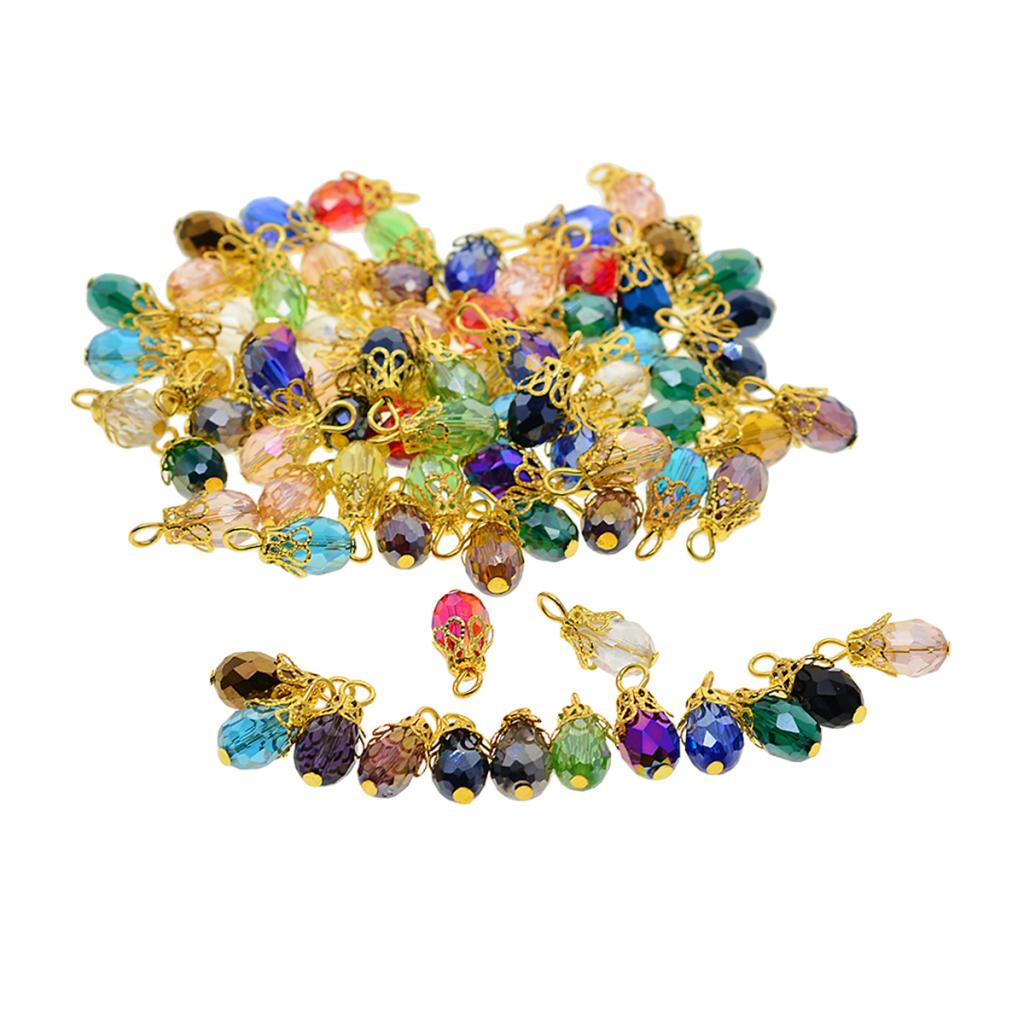 50pcs Colorful Faceted Crystal Drop Glass Filigree Flower Cap Dangle Charms