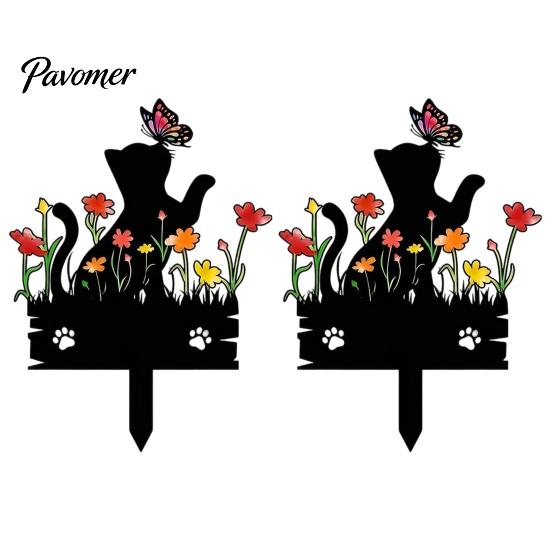 Acrylic Cat Silhouette Decor Kitten Garden Stake, Decorative Yard Sculpture with Flowers And Outdoor Lawn Ornament Butterflies, Waterproof Art