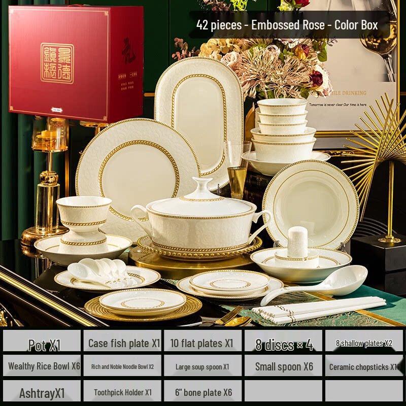 Embossed Rose Bone China Dinnerware Set