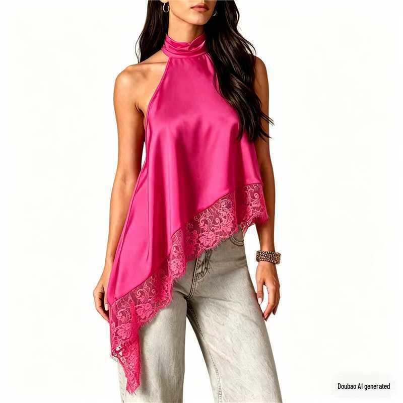2025 Women's Satin Halter Neck Sleeveless Asymmetrical Camisole with Lace Trim