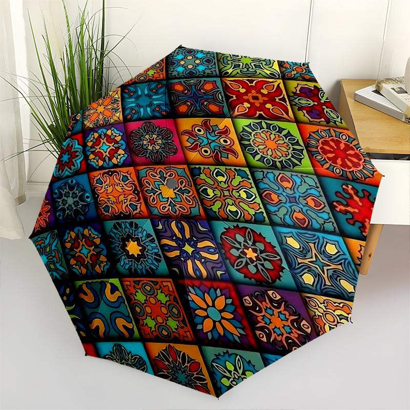 

Mandala Patterns Themed Automatic Opening and Closing Umbrella, Brightly Colored 8-rib Portable Umbrella, Suitable for Men and Women, A Perf