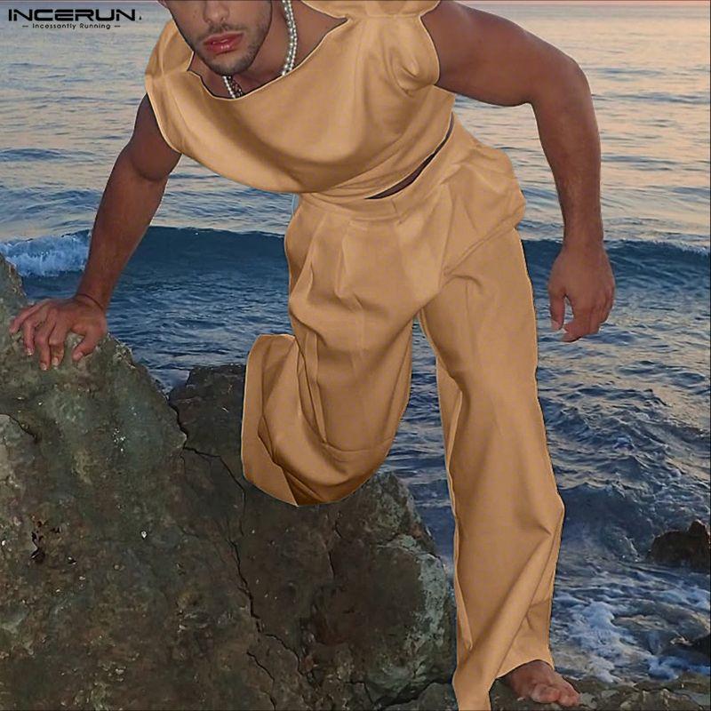 INCERUN Men Two Pieces Sleeveless Ruffled Tank Tops and Trousers Casual Pants Sets Outfits