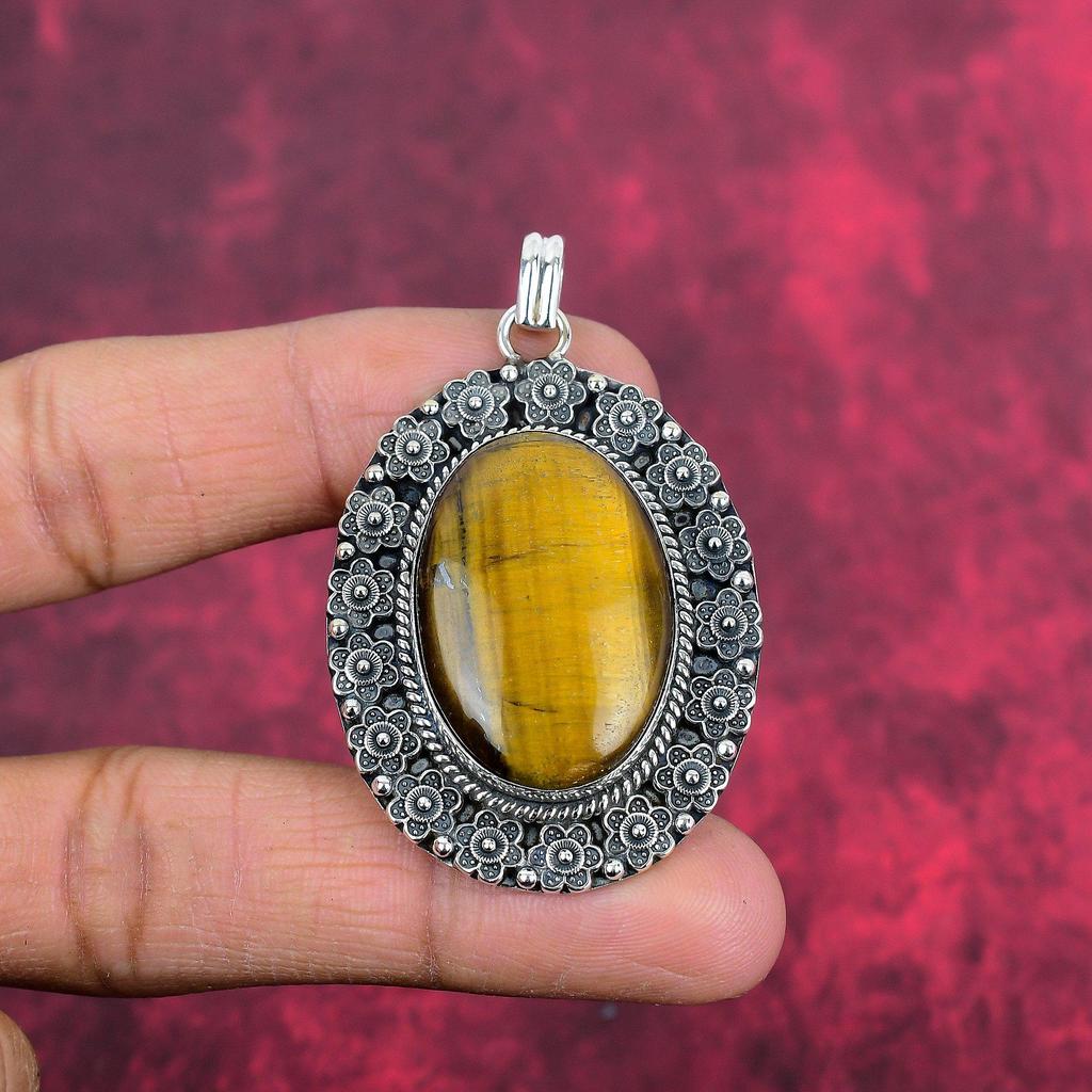 Tiger's Eye Gemstone Jewelry, 925 Solid Sterling Silver Jewelry For Her, Handmade Gorgeous Jewelry, New Brand Designer Pendant For Love