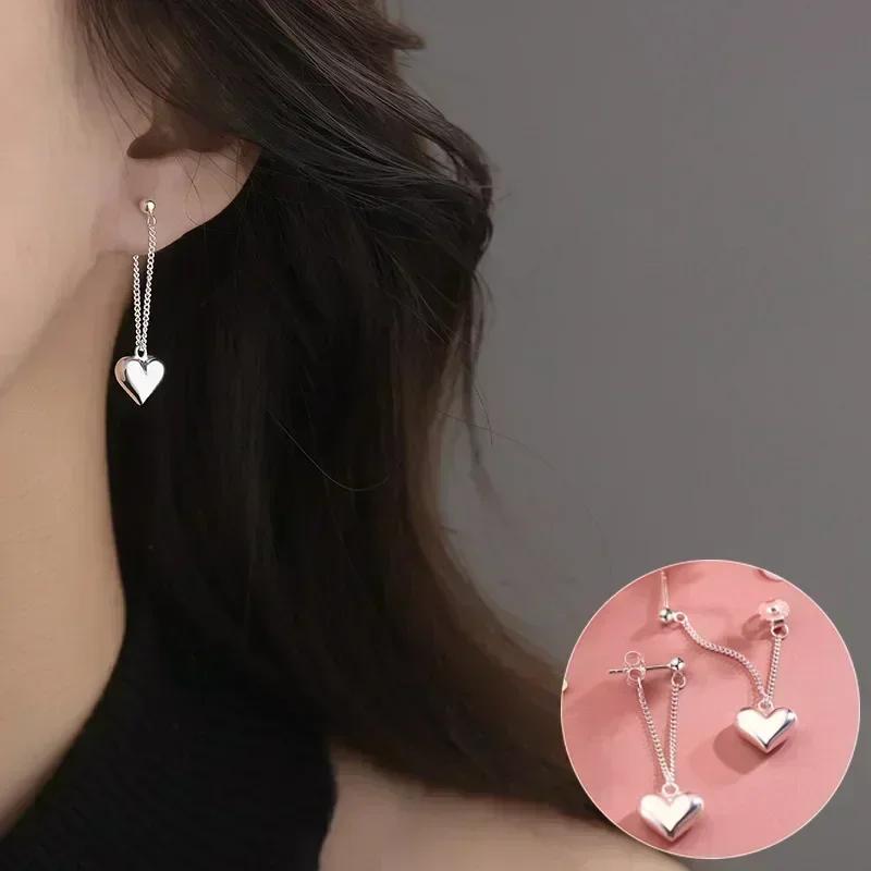 Silver Plated Heart Chain Earrings For Women Hypoallergenic Jewelry Party Gift Accessories Trendy Heart Earrings
