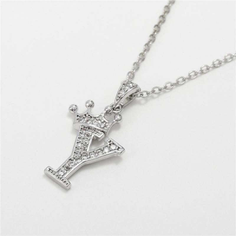 Fashion Cubic Zirconia Crown Letter Pendant Necklace Silver Hip Hop Punk Alphabet Jewelry