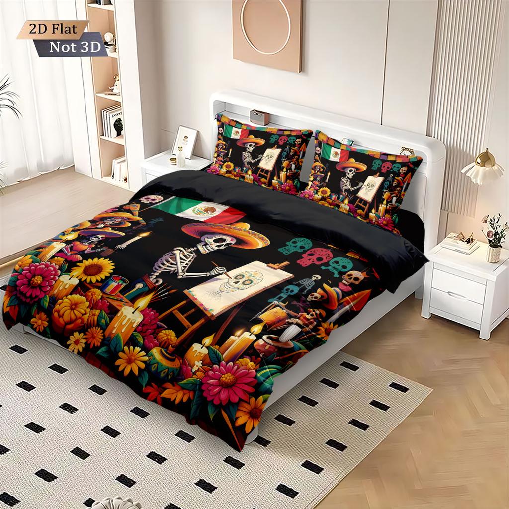 3 st The Day of the Dead Skelett Blommigt Tryckt Quiltset, Flera Storlekar Sovrum Sovsal Sängkläder Dekoration, Maskintvätt