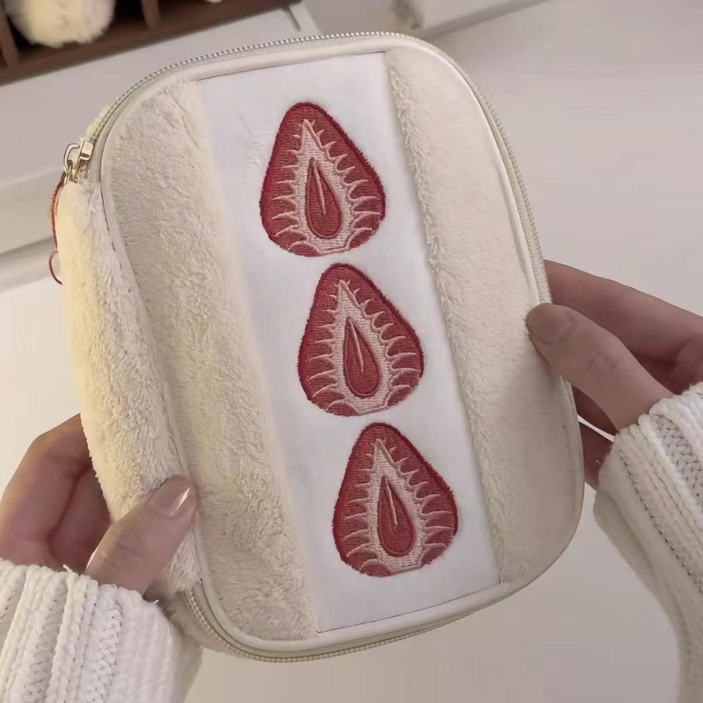 Women's Plush Embroidered Strawberry Cosmetic Bag - High Capacity & Quality