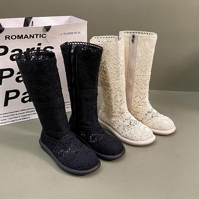 Mode 2025 hohle Stiefel atmungsaktive Schuhe Mode Mesh Stricklinie hoch bis zum Knie hoher Schaft Damenstiefel Damenschuhe