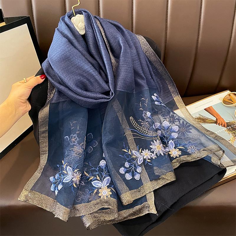Luxury Silk Feeling Women Scarf Embroidery Shawl And Wraps Foulard Female Hijab Bandana Scarves For Lady Flowers Beach Stoles