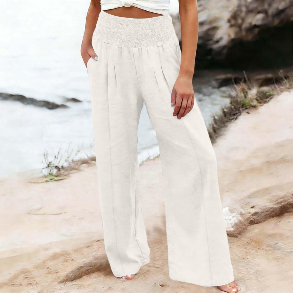 Women's Casual Fashion Cotton Linen Elastic Waist Pants With Pockets