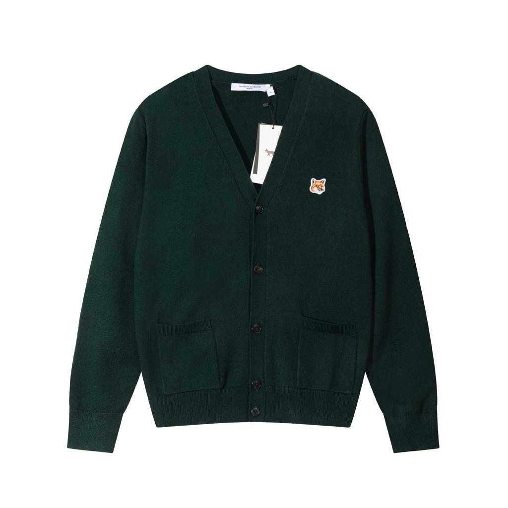 Unisex Crew Neck Long Sleeve Loose Fit Korean Cotton Knit Sweater Fox Head Embroidery Pullover Cardigan Couple Knitwear