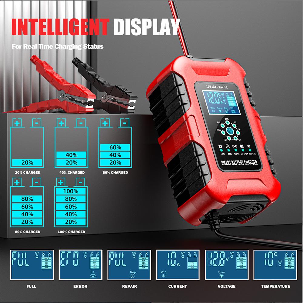 12V/10A  24V/5A Car Battery Chargers Full Automatic AGM Wet Smart Battery Chargers Maintainer Portable Battery Chargers