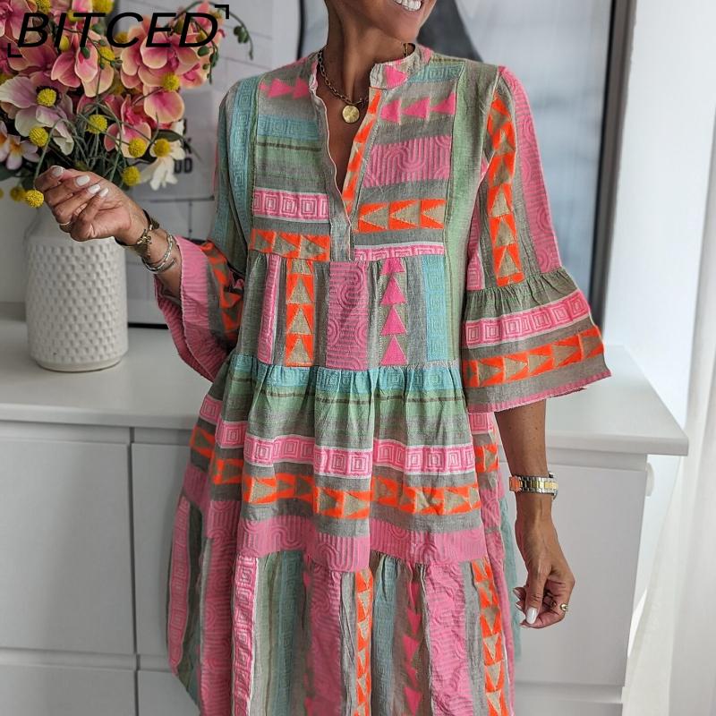 BITCED Women s Fall Print V-Neck Three-Quarter Sleeve Dress S