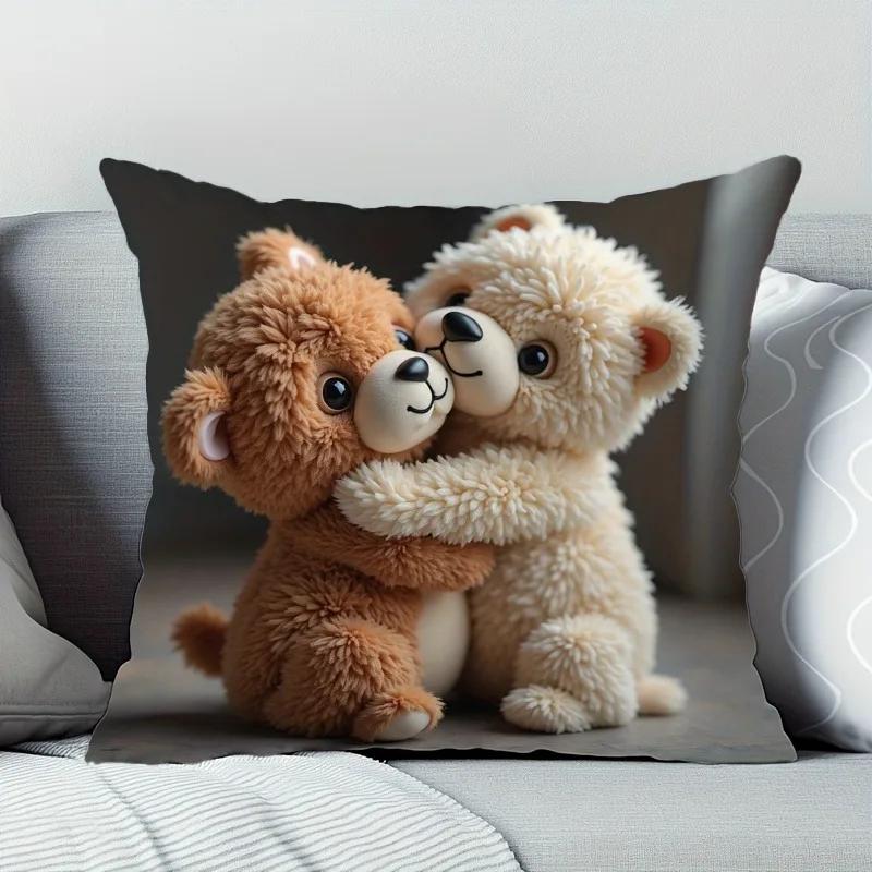Cuddle-Tastic Teddy Bears Printed Pillowcase for a Warm and Adorable Bedtime Sofa Cushion Cover, Home Decoration, 2D printing1PC