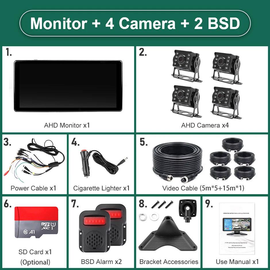 GreenYi 10.36 Inch IPS Touch Screen WiFi Wireless Apple Carplay Android-Auto 4CH Recording DVR Monitor AHD 1920x1080P Camera