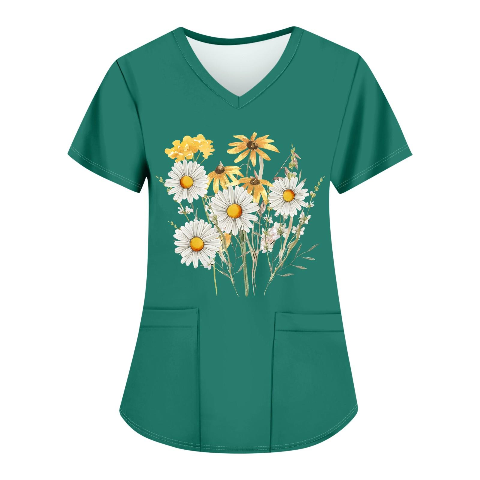 

Жіночі модні робочі футболки з принтом і V-подібним вирізом з короткими рукавами та кишенями XXXL зелений