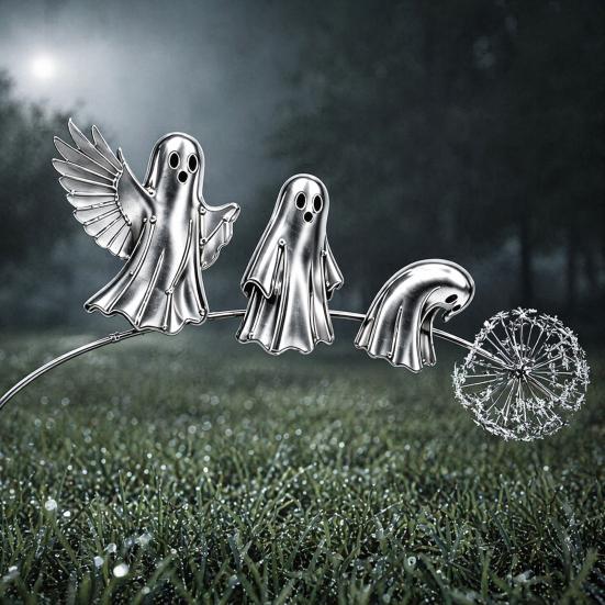 Metal Halloween Yard Signs Ghost Garden Stake, Rustic Art Decor with Dandelion Accent, Landscape Sculpture for Lawn Patio Flower Bed And Backyard