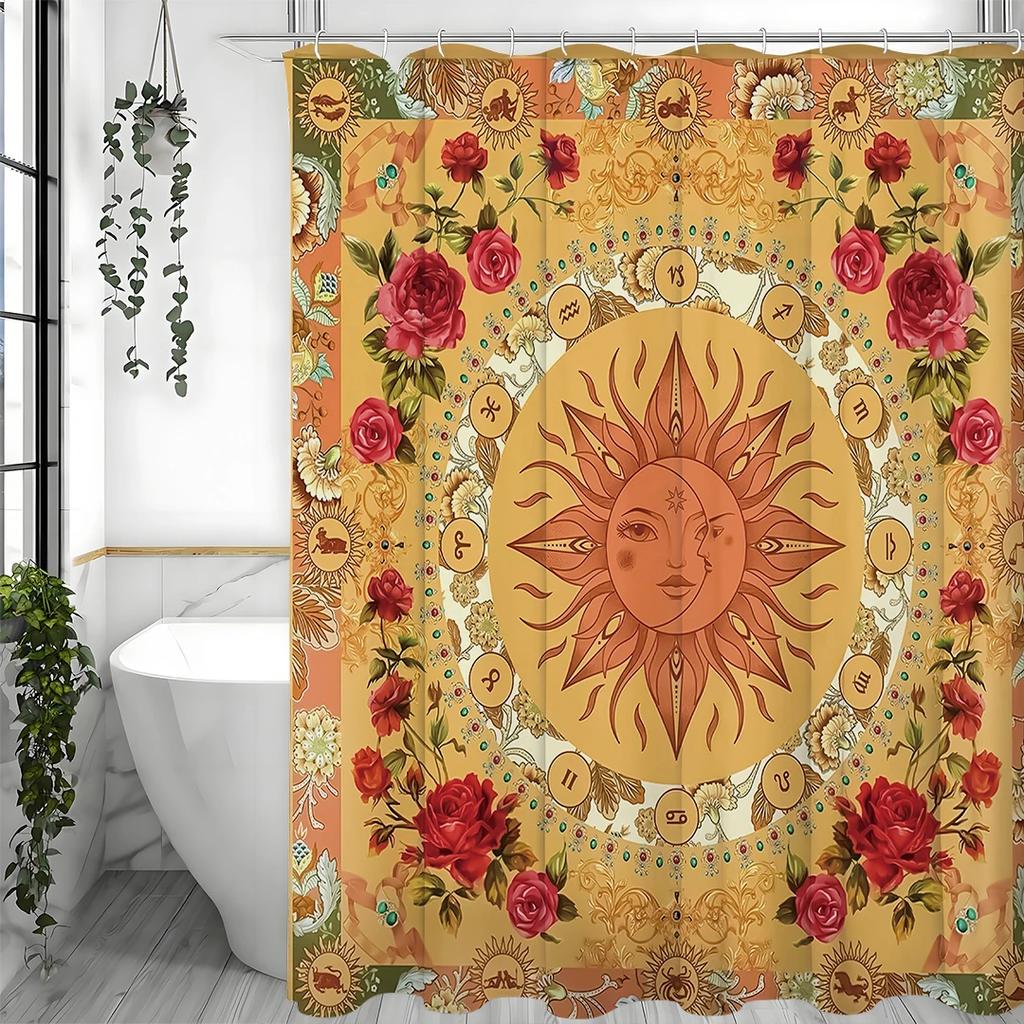 Sun and Moon Face Tarot Constellation Floral Shower Curtain, Bathroom Decorative Shower Curtain, Waterproof Shower Curtain with