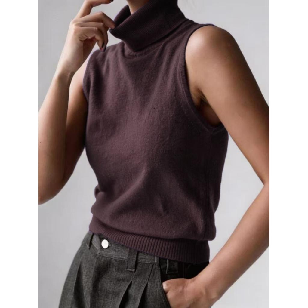 Fall New Women's Sleeveless Knit Tank Top, Simple High Neck Knit Vest Top for Women, European & American Style