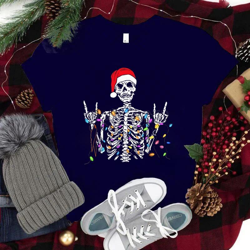 

Christmas Skeleton Shirt Funny Lights Skull TShirts for Unisex Women Classic Street Style Tops Tees Xmas Santa Hat Skull Clothes S
