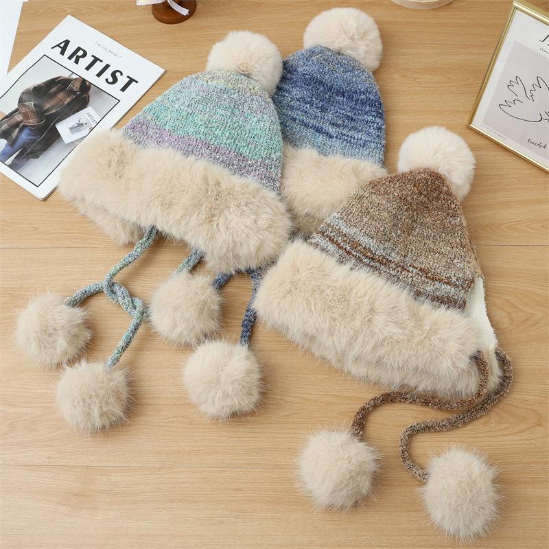 Ear Protection Knitted Thermal Hat Women's Autumn and Winter Piled Thickened Hairball Wool Colorful Hat