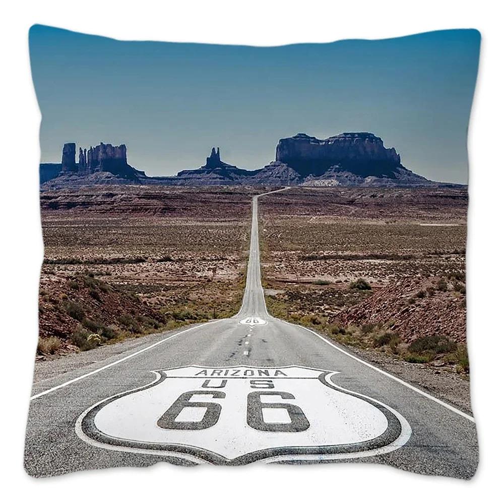 Poszewka na poduszkę w stylu retro Route 66 Dekoracja domu Poliestrowa poszewka na poduszkę na sofę Samochód Poszewka na poduszkę do rzucania Naturalny krajobraz Funda Cojin