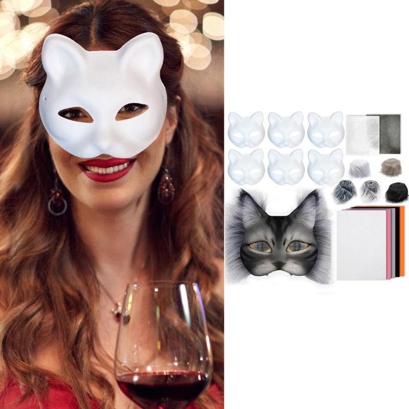 Maschera da Mascherata Non Verniciata con Bordatura Pelosa Rete Adesiva in Tessuto Maschera Facciale da Gatto Maschera Non Verniciata per Fornitura di Halloween