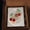 Sweet Red Zircon Cherry Leaf Stud Earrings for Women Cute Crystal Fruit Earring Fashion Daily Wear Party Jewelry Gift Aesthetic