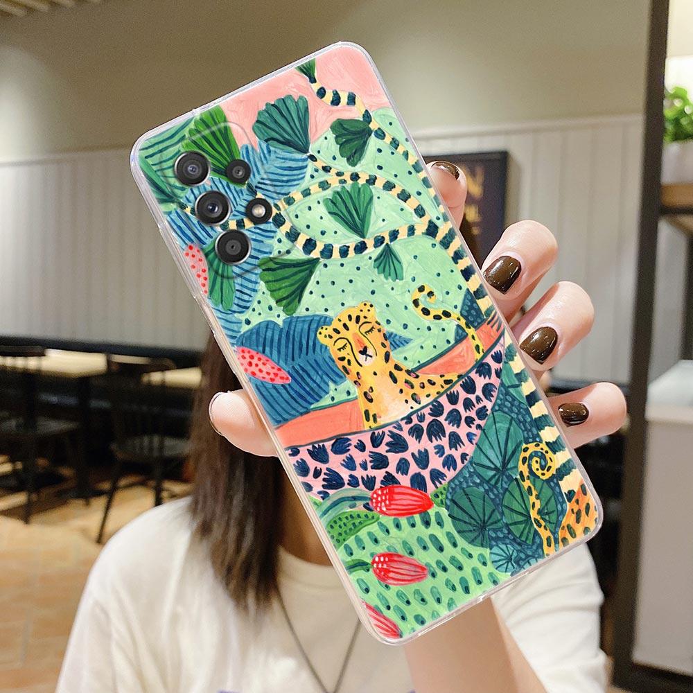Original Jungle Animal Print Clear Case For Samsung Galaxy A54 A55 A53 5G Cases A52 A23 A13 A32 A33 A73 Soft Cover Sloth Leopard