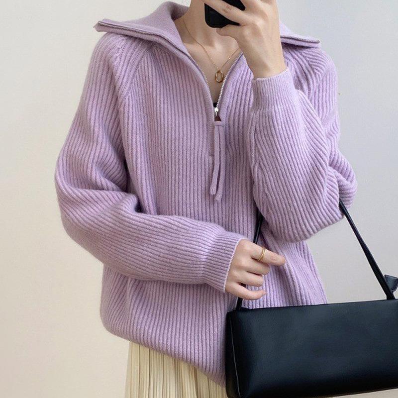 Lazy wind thickened lapel sweater women's autumn and winter soft waxy pullover zipper sweater knitted sweater jacket women