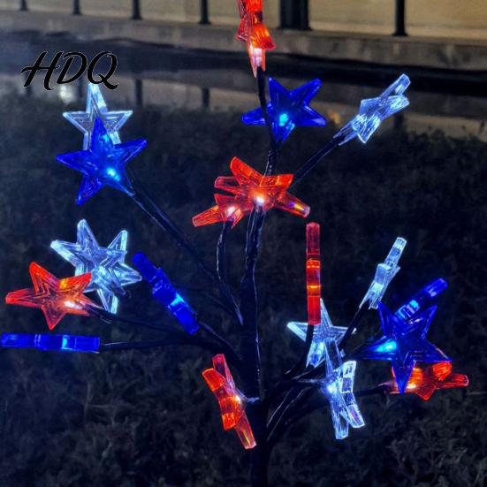 Solar Star Stake Lights 4th of July Garden Lights Red White Blue Outdoor Powered Decorations String Waterproof Flexible Design Patriotic Flag