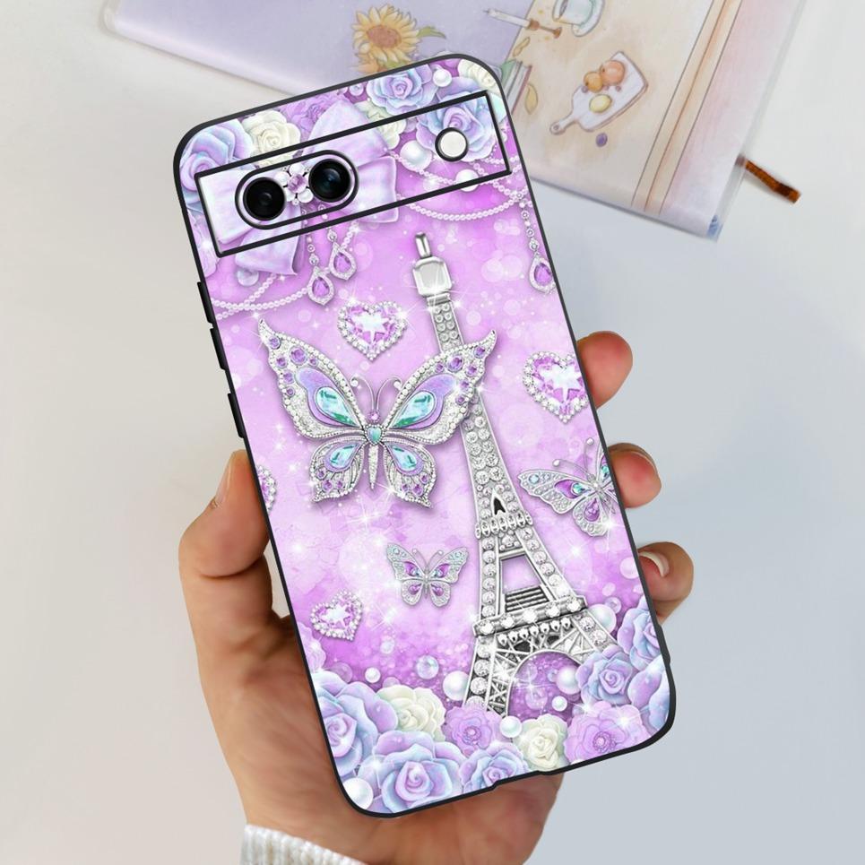 Black Matte Silicone Back Cover For Google Pixel 8A Painting Case Cartoon Lovely Cat Butterfly Flower Bumper Google 8A Soft Etui