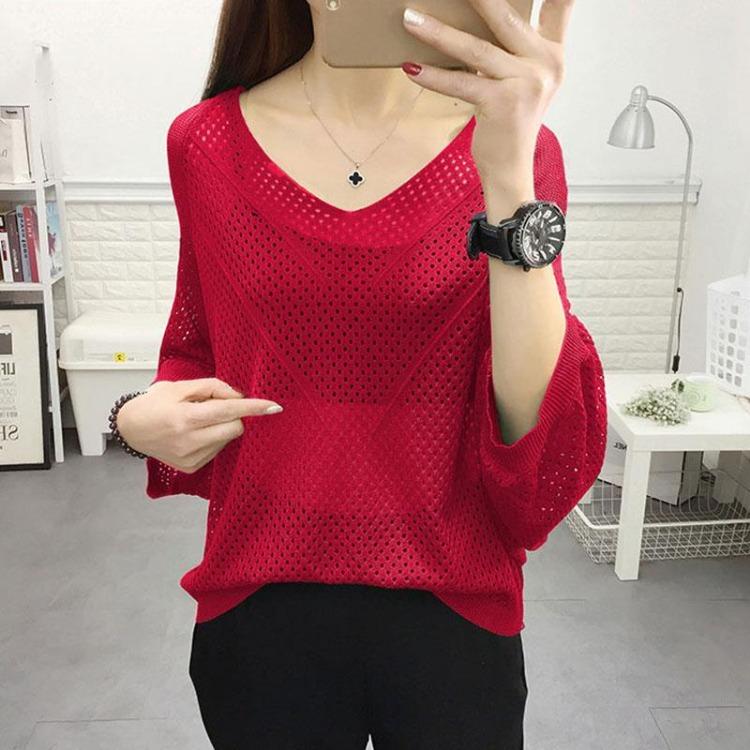 

Женский сетчатый трикотажный свитер Ice Silk с V-образным вырезом и свободным топом, стильный новый летний наряд 3XL красный