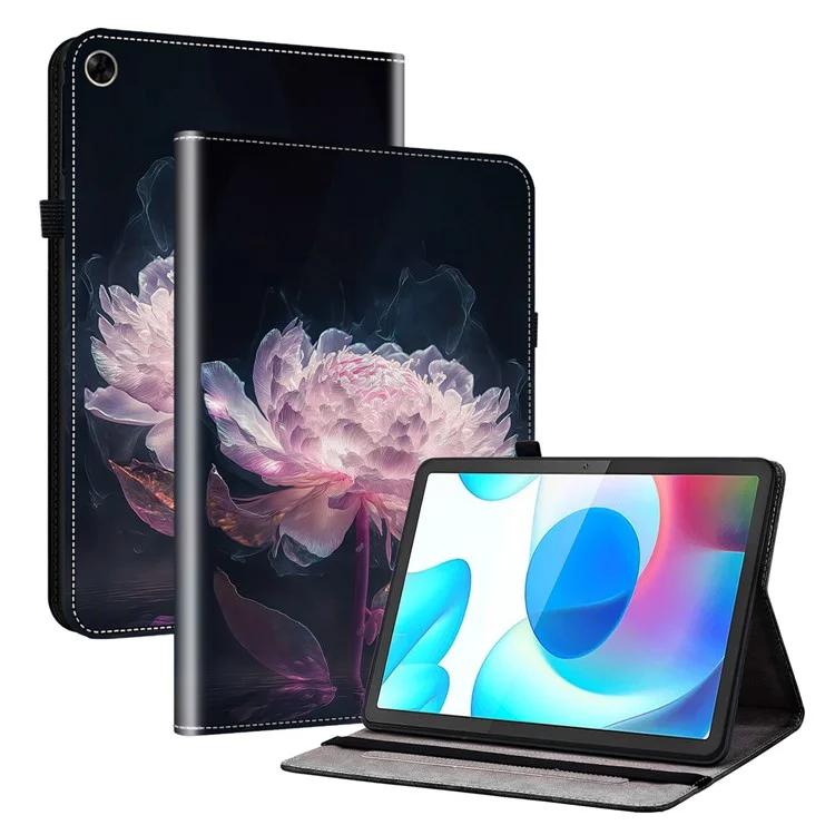 

For Realme Pad Case Stand PU Leather Pattern Printed Tablet Cover - Purple Peony